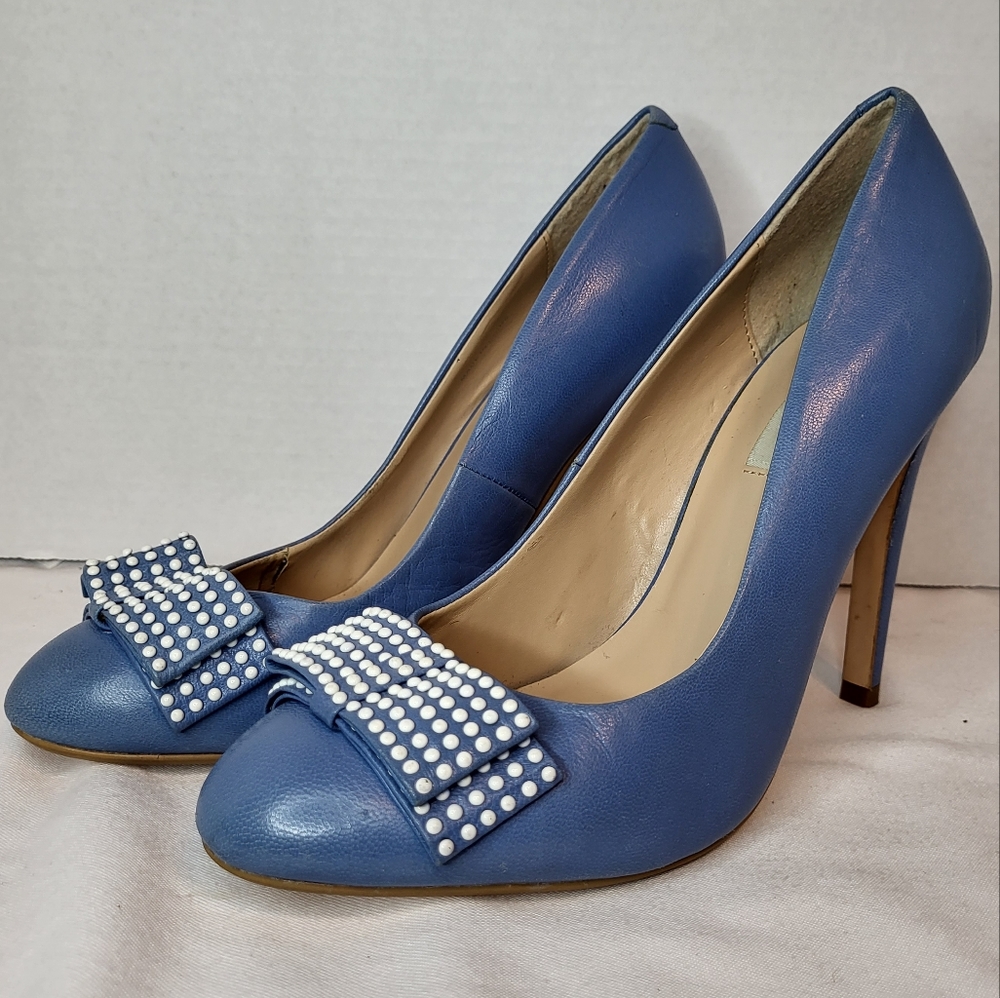 Dune blue leather high heel with bows and white dots in size 39